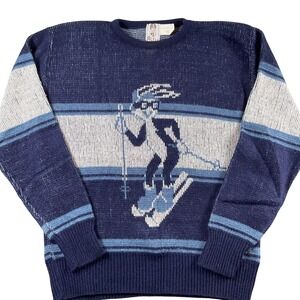 Alfie Skiing Graphic Sweater‎ Blue White Large Vintage 1970s Warner Bros.